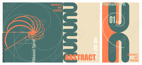 A set of minimalistic posters in vintage colors. Simple geometric shapes and lines (golden ratio spiral), with exemplary typography - modern print art design for branding, advertising, websites