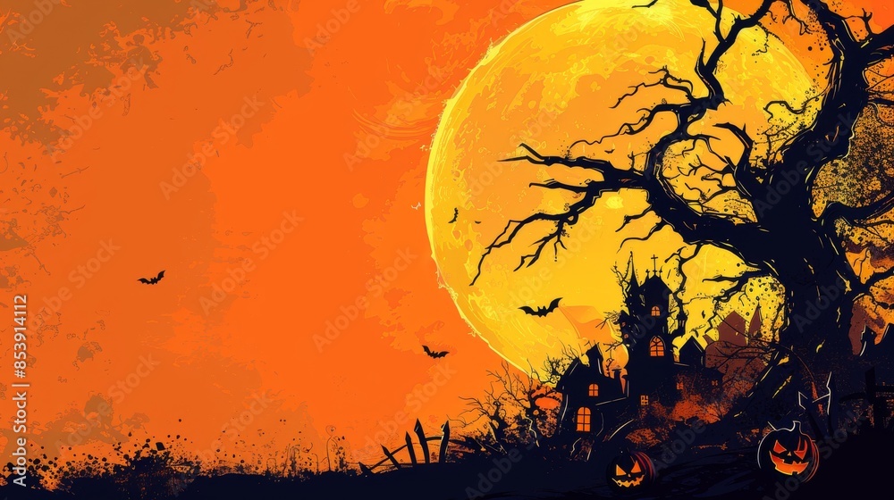 Spooky Halloween Night with Full Moon and Haunted House Spooky Halloween Night with Full Moon and Haunted House