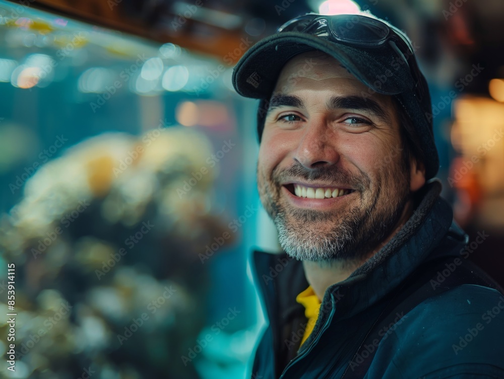 A Marine Biologist male wearing field gear, standing in front of an aquarium tank, smiling and looking into the camera A Marine Biologist male wearing field gear, standing in front of an aquarium tank, smiling and looking into the camera