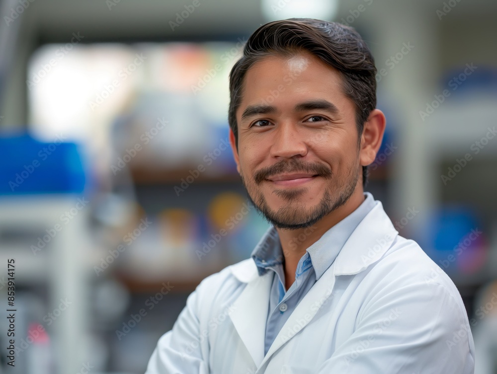 A Medical Researcher male wearing a lab coat, standing in front of a laboratory bench, smiling and looking into the camera A Medical Researcher male wearing a lab coat, standing in front of a laboratory bench, smiling and looking into the camera