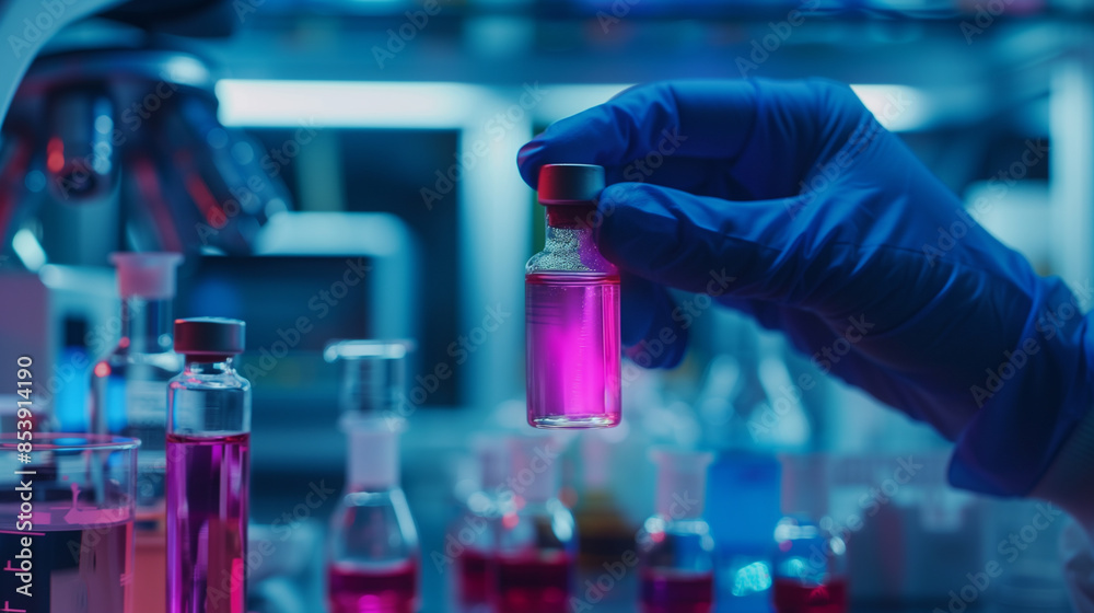 Scientist holding vial with pink liquid in modern laboratory Scientist holding vial with pink liquid in modern laboratory