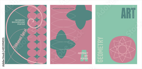 A set of minimalistic posters in vintage colors. Simple geometric shapes and lines (golden ratio spiral), with exemplary typography - modern print art design for branding, advertising, websites