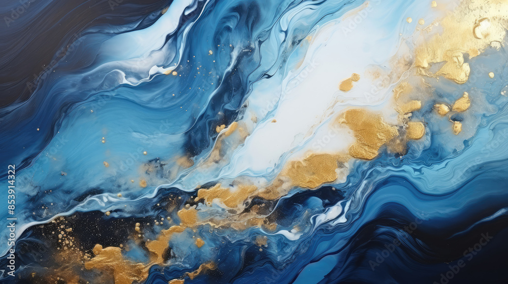 Abstract marble marbled ink painted painting texture luxury background banner - Blue white swirls gold painted splashes, Generative AI