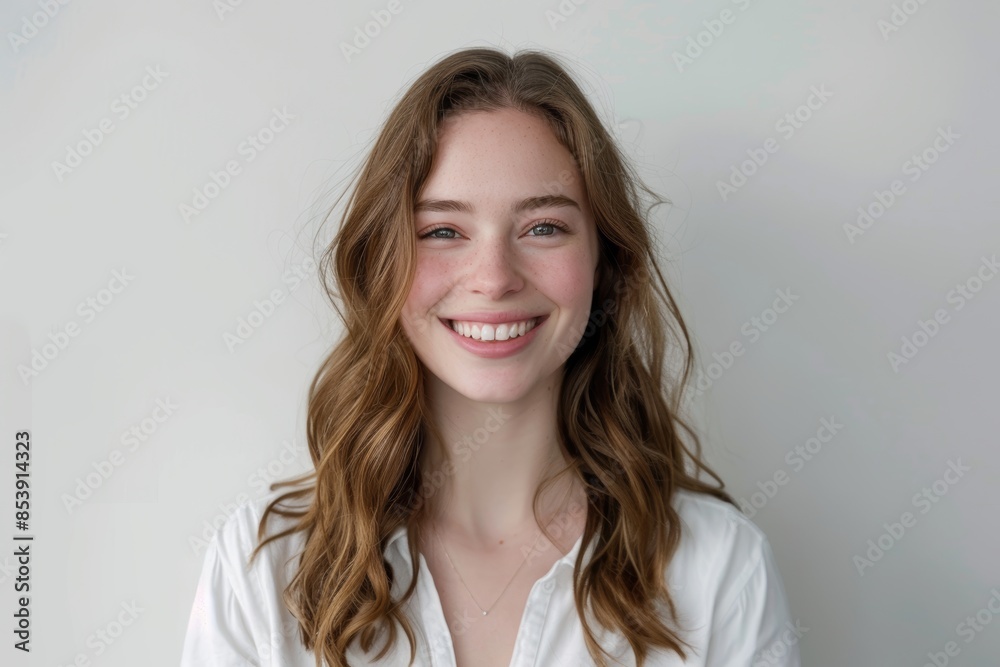 Portrait of a tender caucasian woman in her 20s smiling at the camera while standing against white background Portrait of a tender caucasian woman in her 20s smiling at the camera while standing against white background