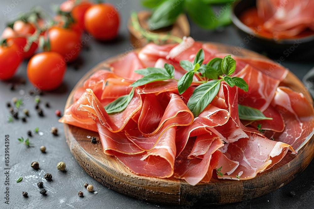 Slices of prosciutto di parma or jamon serrano (iberico) on a dark cutting board. Slices of prosciutto di parma or jamon serrano (iberico) on a dark cutting board.