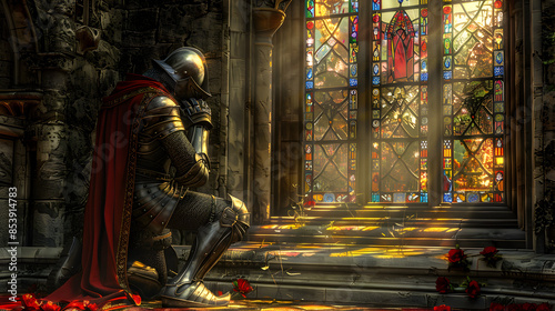 Medieval knight kneeling in prayer before a stained glass window.


