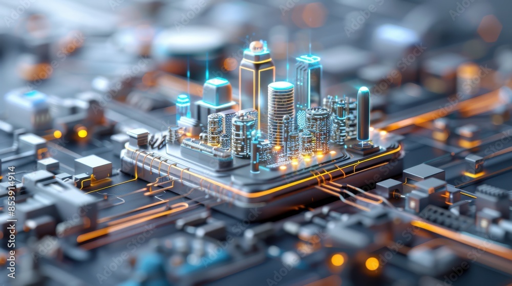 Futuristic city model on a circuit board, symbolizing the integration of technology and urban development with neon lights. Futuristic city model on a circuit board, symbolizing the integration of technology and urban development with neon lights.