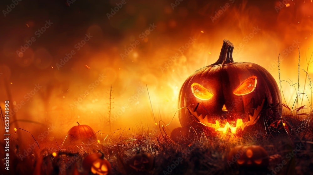 Naklejka premium Jack-O-Lantern in a Fiery Halloween Night