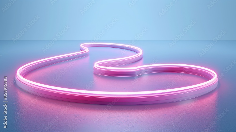 Glowing neon heart-shaped light on a reflective surface with a blue background. A modern and sleek representation of love and romance. Glowing neon heart-shaped light on a reflective surface with a blue background. A modern and sleek representation of love and romance.