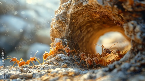 Ant Colony at Work: Depict an ant colony working on building their nest, emphasizing the teamwork and activity. Leave space for text in the surrounding area. photo