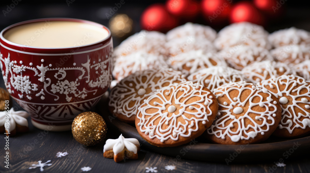 Christmas Saint food bakery bake baking photography background - Closeup of gingerbread santa claus cookies, with white icing and decoration on black concrete table, Generative AI Christmas Saint food bakery bake baking photography background - Closeup of gingerbread santa claus cookies, with white icing and decoration on black concrete table, Generative AI