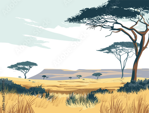 South African savanna with acacia trees, very simple and isolate in the style of animated illustrations