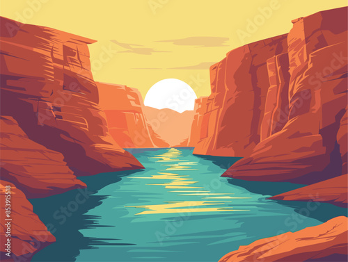 River flowing through a canyon, very simple and isolate in the style of animated illustrations