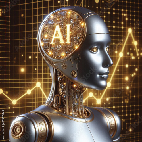 AI robot with a gold and white glowing circuitry reaches out to show the letters ‘AI’ for trading and investing, focusing on financial data, which is the future of finance.