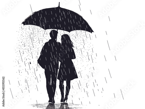 white background, A couple going for a romantic walk in the rain., very simple and isolate in the style of animated illustrations, white background