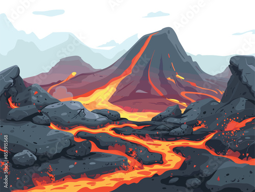 Volcanic landscape with lava flows, very simple and isolate in the style of animated illustrations