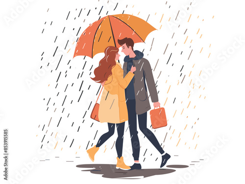 white background, A couple going for a romantic walk in the rain., very simple and isolate in the style of animated illustrations, white background