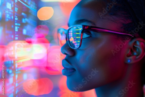 Wallpaper Mural Close-up of a woman wearing glasses analyzing data on a futuristic screen with vibrant neon lights. Generated AI Torontodigital.ca