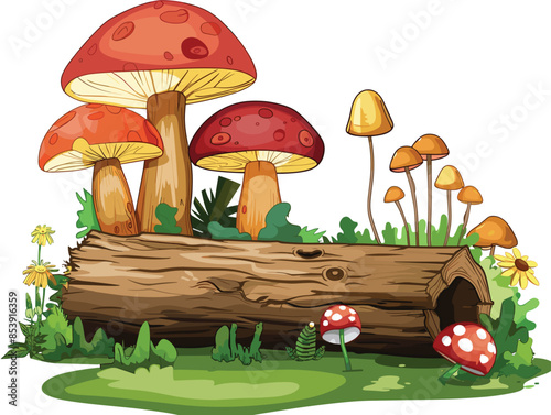 white background, A forest landscape with a cluster of toadstools growing near a fallen log., very simple and isolate in the style of animated illustrations, white background