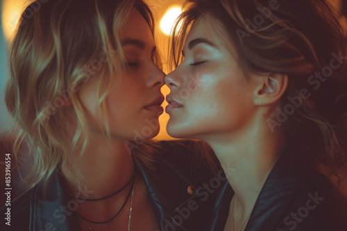 Close-up of two white lesbian women kissing under warm, golden lights