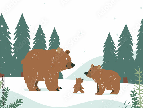 white background, A forest landscape with a family of bears foraging for food., very simple and isolate in the style of animated illustrations, white background