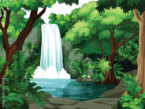 white background, A frame with towering trees and cascading waterfalls., very simple and isolate in the style of animated illustrations, white background