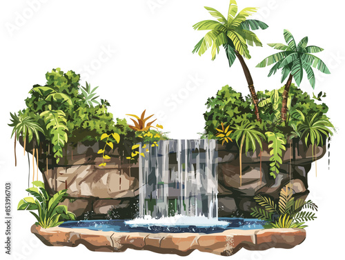 white background, A frame with towering trees and cascading waterfalls., very simple and isolate in the style of animated illustrations, white background