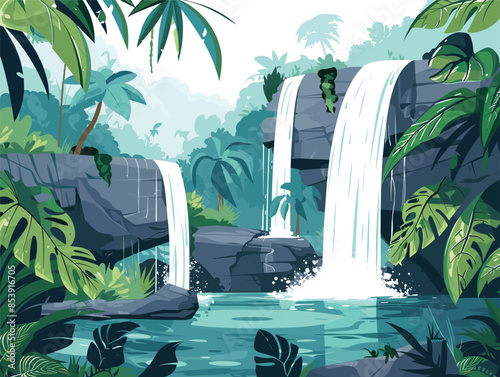 white background, A frame with towering trees and cascading waterfalls., very simple and isolate in the style of animated illustrations, white background