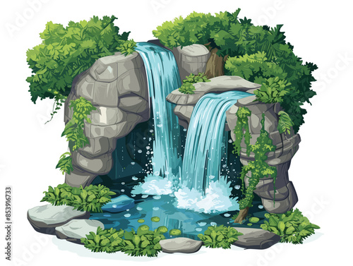 white background, A frame with towering trees and cascading waterfalls., very simple and isolate in the style of animated illustrations, white background