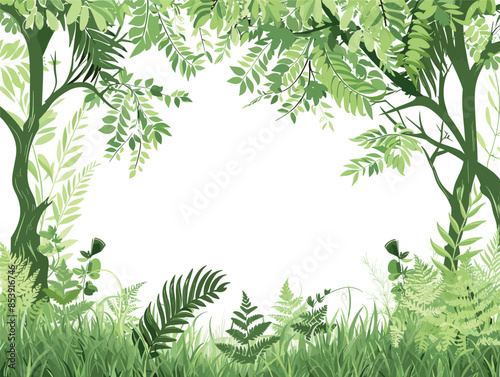 white background, A forest landscape with a meadow of ferns carpeting the forest floor., very simple and isolate in the style of animated illustrations, white background