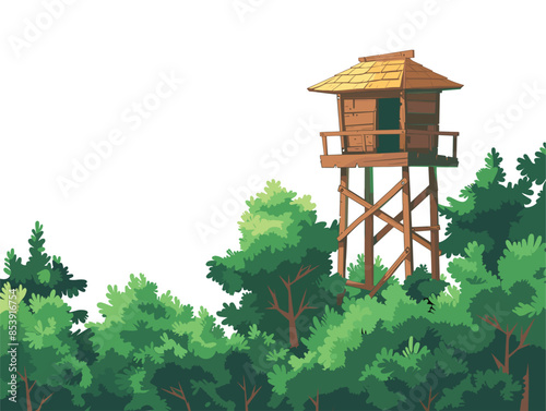 white background, A forest landscape with a wooden lookout tower rising above the trees., very simple and isolate in the style of animated illustrations, white background