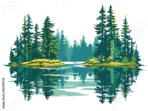 white background, A forest landscape with a serene lake nestled among tall trees., very simple and isolate in the style of animated illustrations, white background