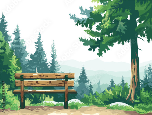 white background, A forest landscape with a rustic wooden bench overlooking a scenic view., very simple and isolate in the style of animated illustrations, white background