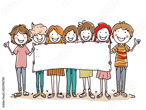 white background, A group of friends holding a banner that says "Friends Forever., very simple and isolate in the style of animated illustrations, white background