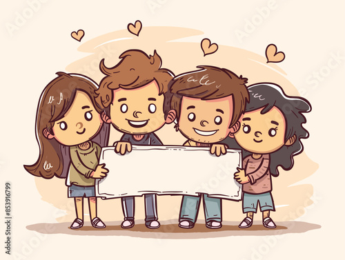 white background, A group of friends holding a banner that says "Friends Forever., very simple and isolate in the style of animated illustrations, white background
