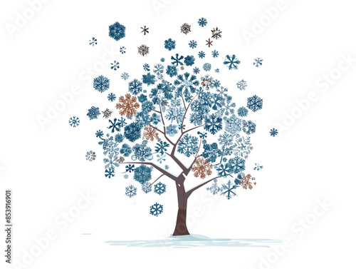 white background, A tree with a cluster of snowflakes falling gently around it., very simple and isolate in the style of animated illustrations, white background