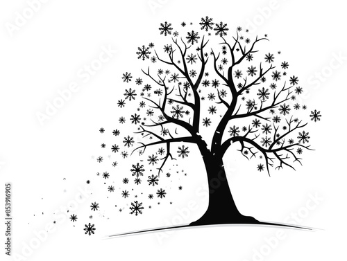 white background, A tree with a cluster of snowflakes falling gently around it., very simple and isolate in the style of animated illustrations, white background