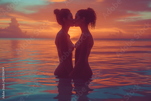 Two lesbian women stand in the ocean, embracing and kissing as the sun sets over the horizon