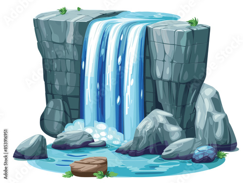 white background, A waterfall cascading into a crystal-clear pool., very simple and isolate in the style of animated illustrations, white background