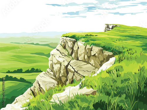 white background, A windy cliff overlooking a vast landscape., very simple and isolate in the style of animated illustrations, white background
