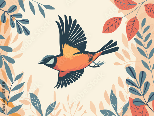 wither background, Cameraman zooming in on a bird in flight., very simple and isolate in the style of animated illustrations, wither background