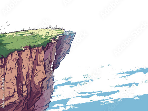 white background, A windy cliff overlooking a vast landscape., very simple and isolate in the style of animated illustrations, white background