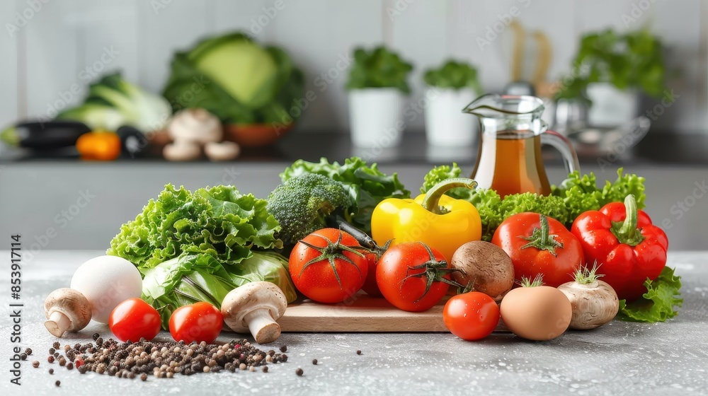 An array of fresh vegetables and eggs neatly arranged on a kitchen counter, illuminated by natural light An array of fresh vegetables and eggs neatly arranged on a kitchen counter, illuminated by natural light