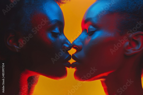 Close-up portrait of two Black lesbian women kissing under red and blue lighting