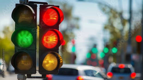 Traffic light signal changing from red to green with vehicles in motion on a clear day.