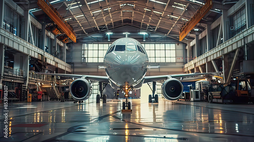 Lifelike image: View inside aviation hangar airplane mechanic conducting service immersive atmosphere clear focus.