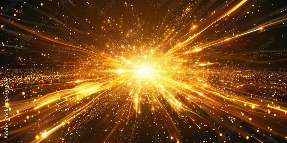 Fototapeta premium Dynamic yellow Celestial Explosion set Black Background with Glowing golden Sunburst Digital Lens Flare Color-Adjusted Light Rays wide shot