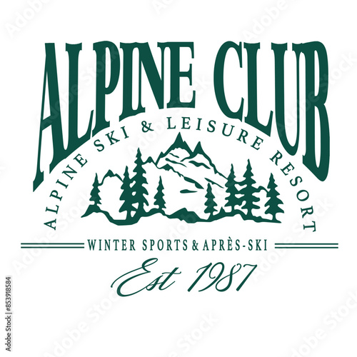 Ski club alpine mountain adventure winter cosy sports Varsity College Trending Graphic Tee t-shirt logo slogan artwork typography tote badge emblem crest
