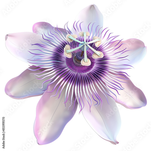 Beautiful close-up of a single passion flower in full bloom, showing intricate petal structure and vibrant colors. Isolated on white background.