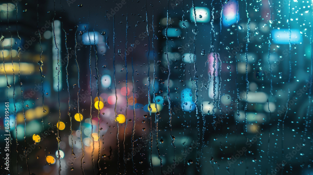 Raindrops on Window with Blurred City Lights in the Background at Night Raindrops on Window with Blurred City Lights in the Background at Night